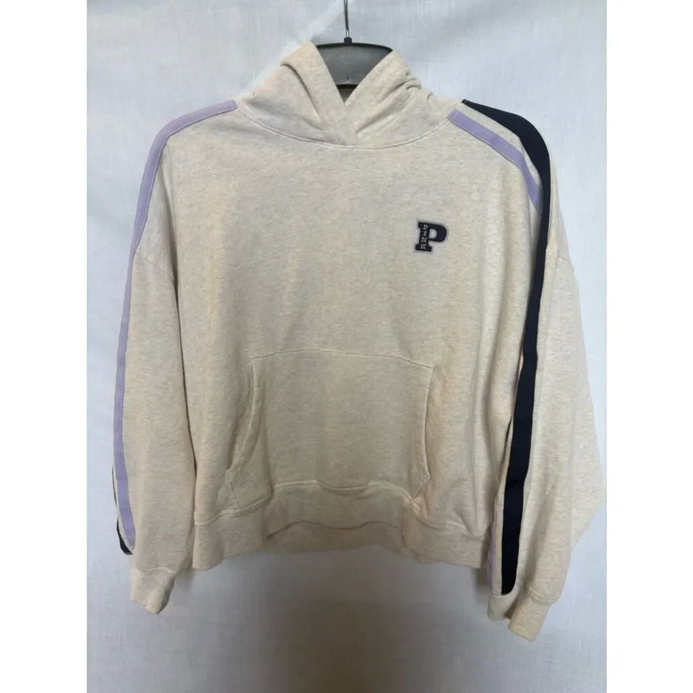 PINK Women's Cream Hoodie Sweatshirt w/ Navy & Lavender Stripe Pullover Size XL
